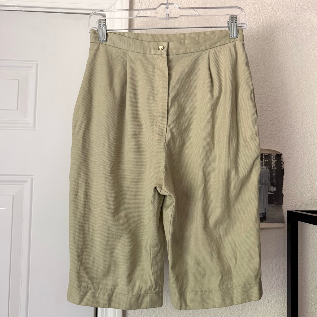 Manuri Sage Wool Pleated Front Bermuda Shorts